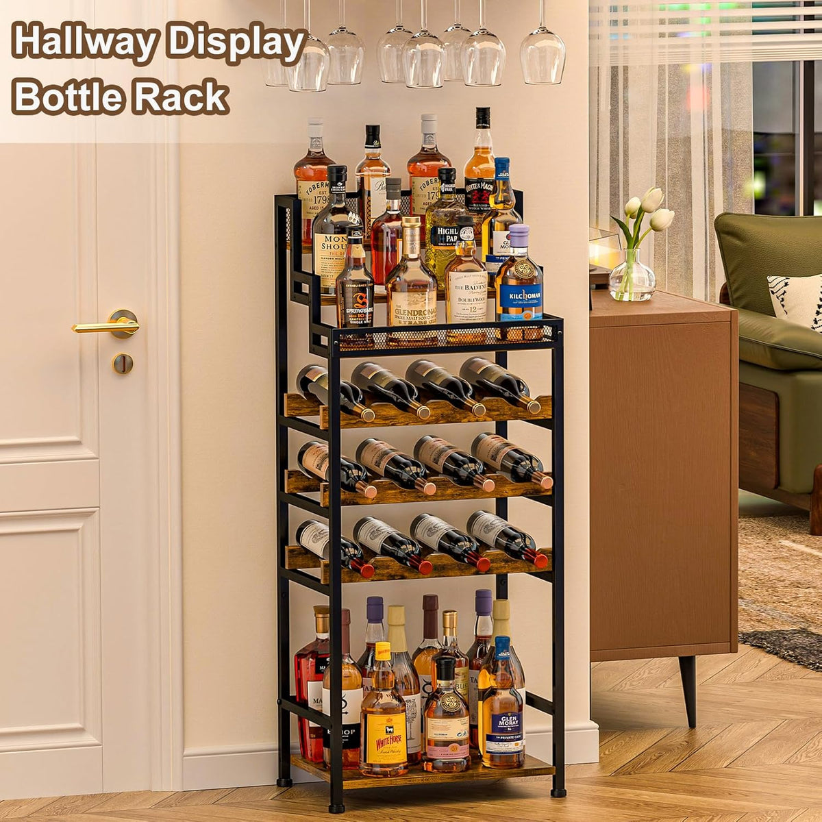 Tiered Wine Rack and Liquor Cabinet, Large Capacity Freestanding Floor Wine Storage Shelf for Red Wine, Champagne & Whiskey, Stepped Bottle Display Stand for Home Bar, Living Room, Corner, Dining Room