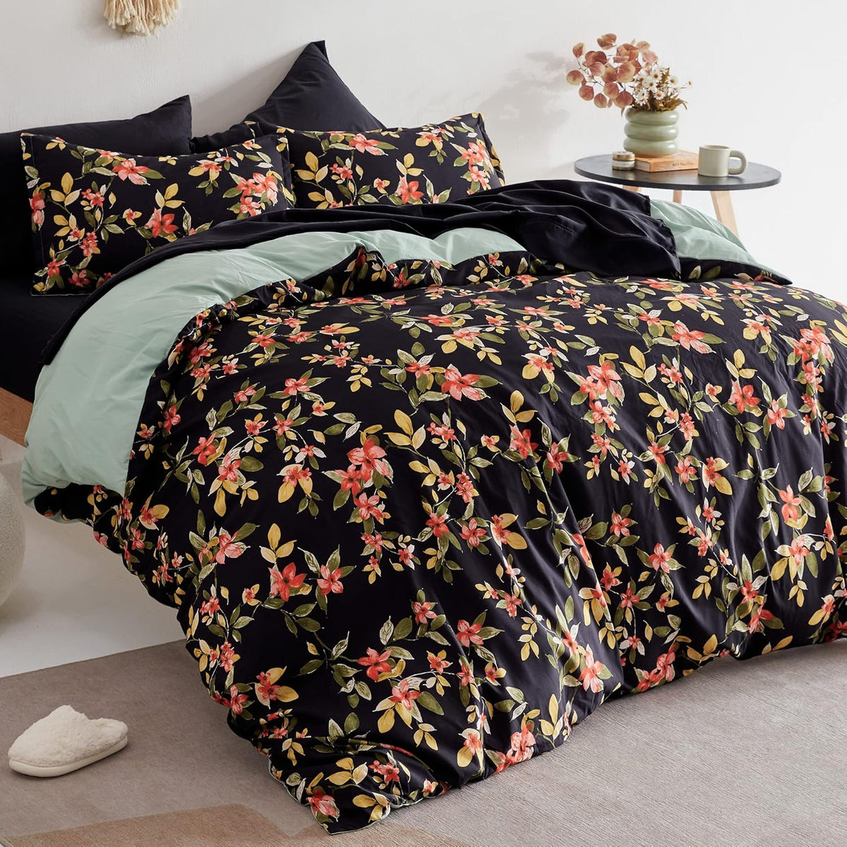 Funda Nórdica Tamaño Queen - 100% Algodón Lavado Salvia Verde Eucalipto Reversible Floral Juego de Funda Nórdica de 3 Piezas con Cierre de Cremallera y Lazos en las Esquinas