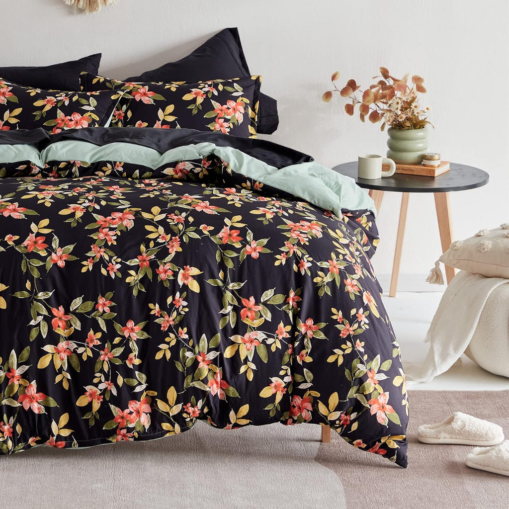 Funda Nórdica Tamaño Queen - 100% Algodón Lavado Salvia Verde Eucalipto Reversible Floral Juego de Funda Nórdica de 3 Piezas con Cierre de Cremallera y Lazos en las Esquinas